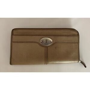 Vintage Fossil Maddox Leather Wallet Long Card Holders Tan Side Zip